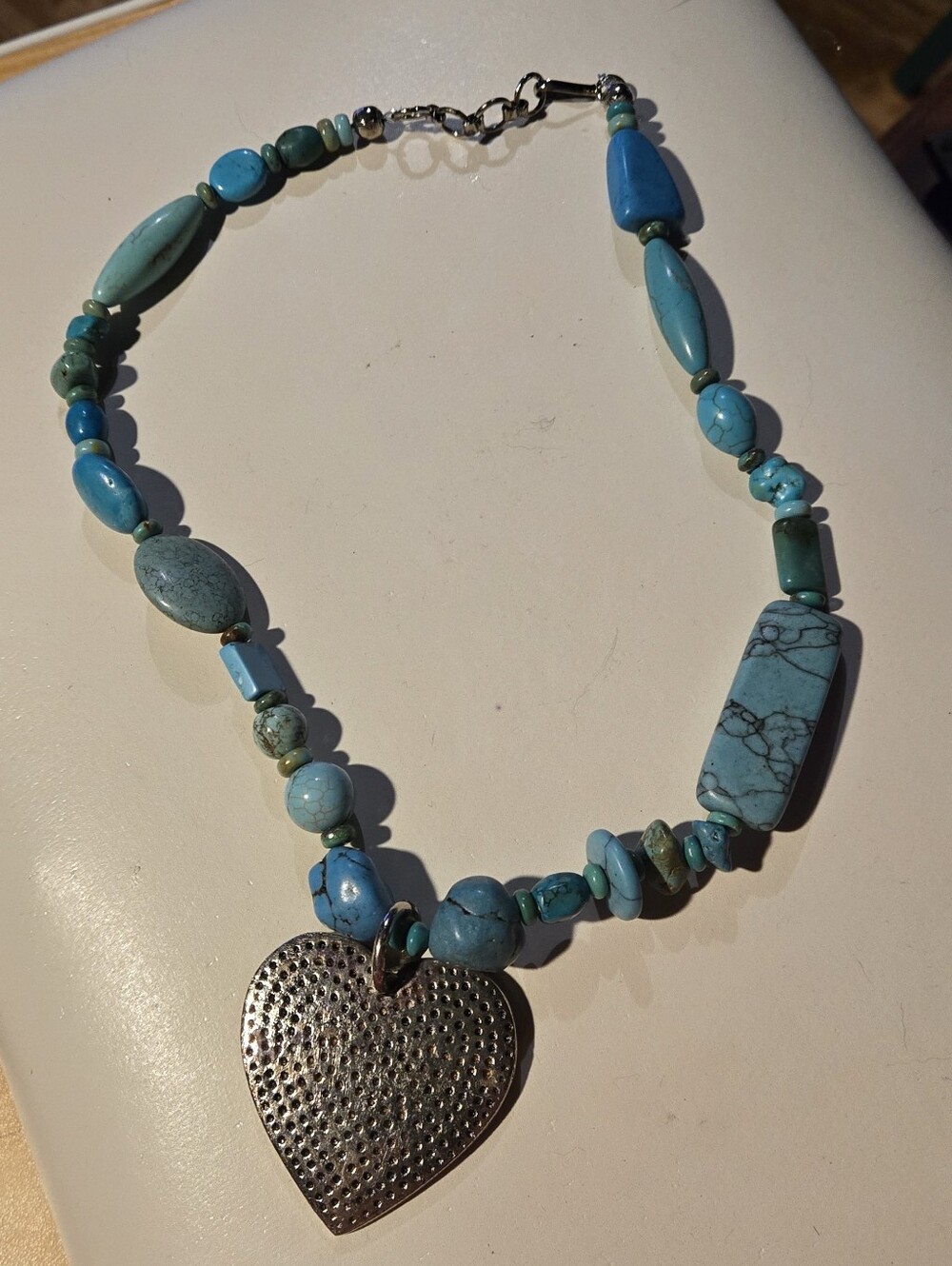 Turquoise Bead Necklace with Heavy Heart Pendant - Women's Blue Necklace